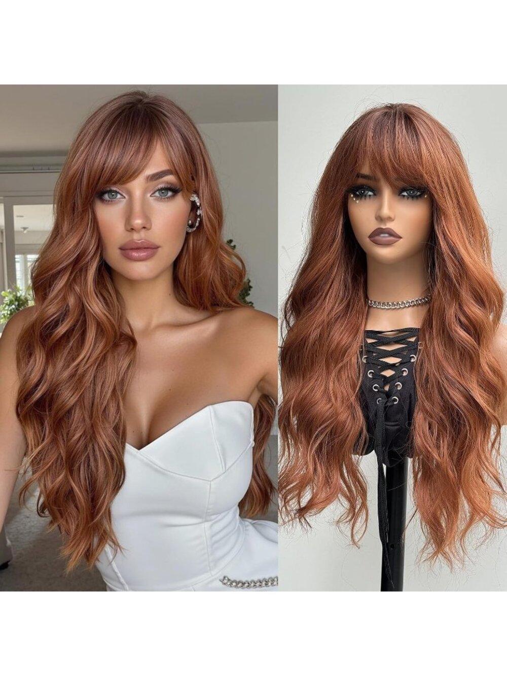 24 Inch Women's Fashion Orange Soft Long Synthetic Wavy Curly Wig with Bangs